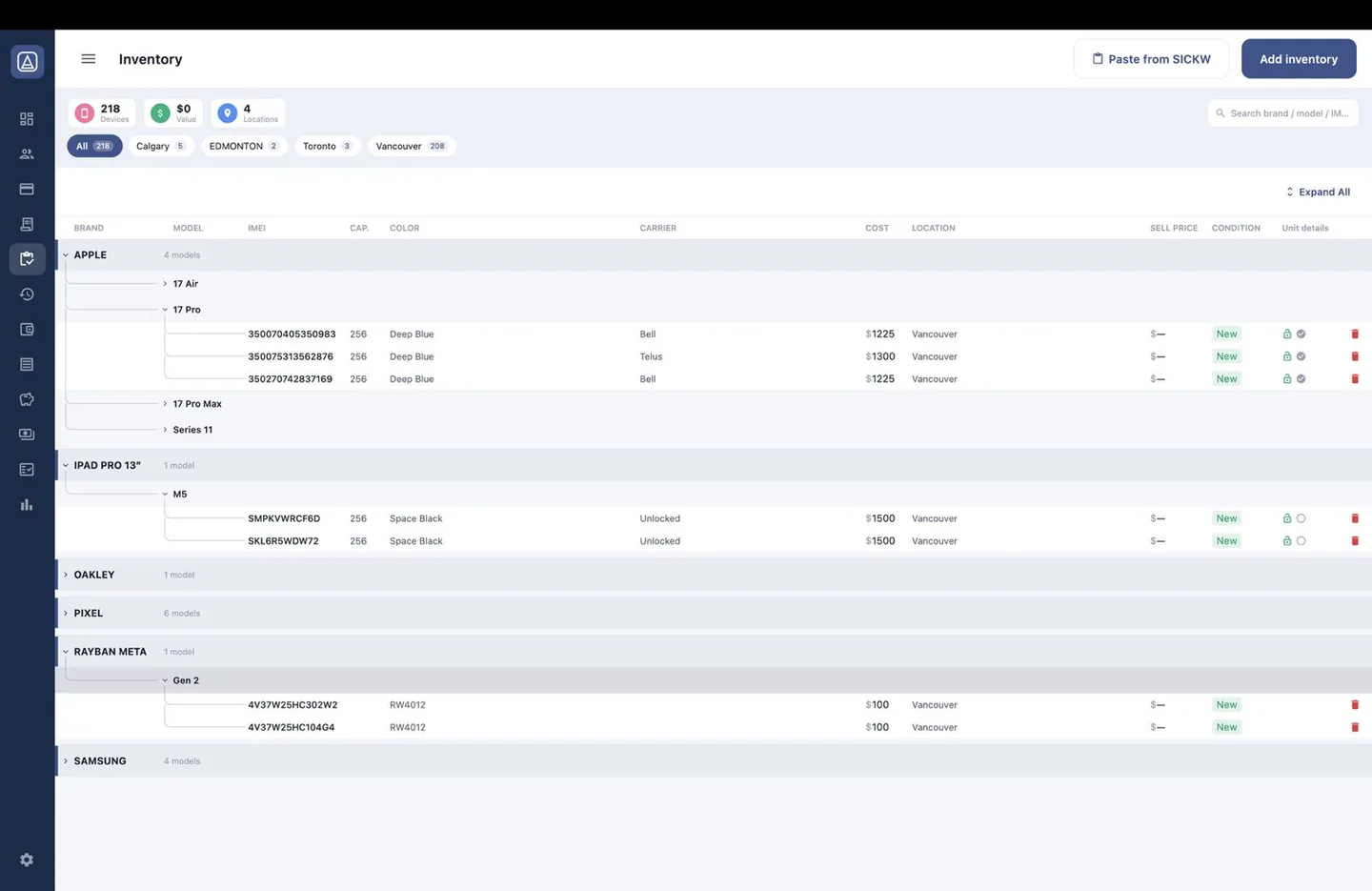 Aromex desktop app: Inventory grouped by brand and model, with device counts, stock value and locations at the top