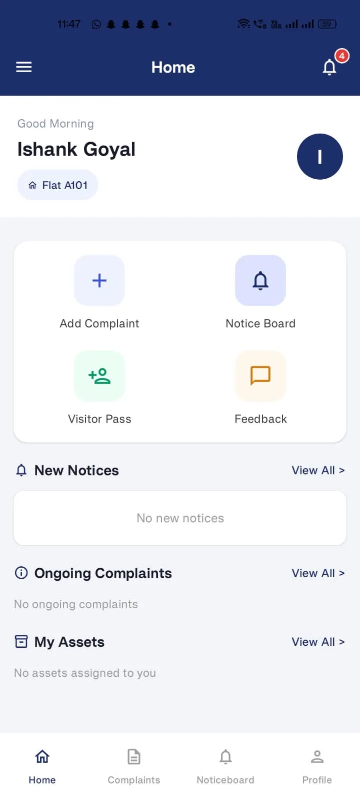 My Nest resident app: home with Add Complaint, Notice Board, Visitor Pass and Feedback, plus new notices, ongoing complaints and assets