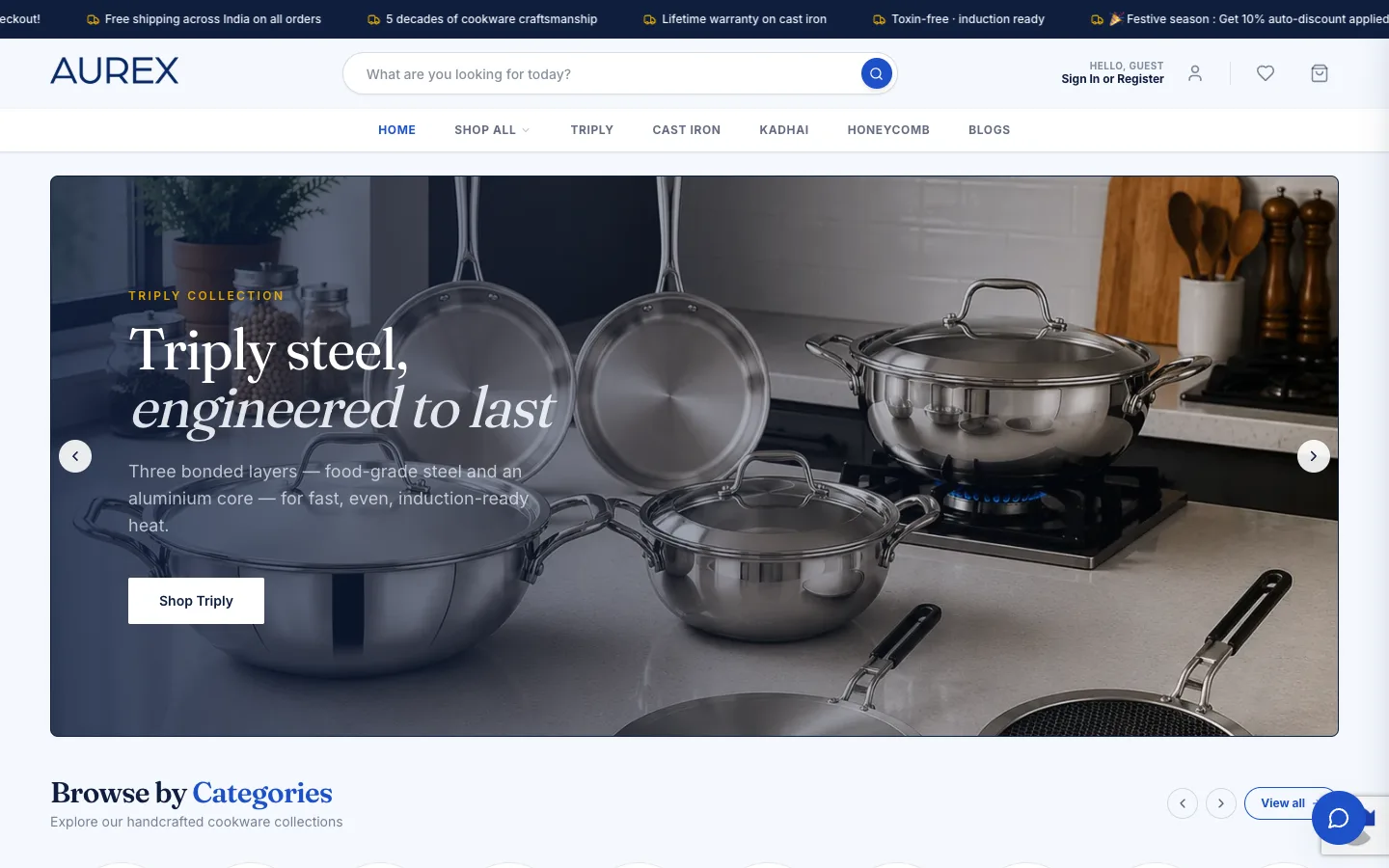 Aurex India homepage with a triply steel cookware hero, category navigation and search
