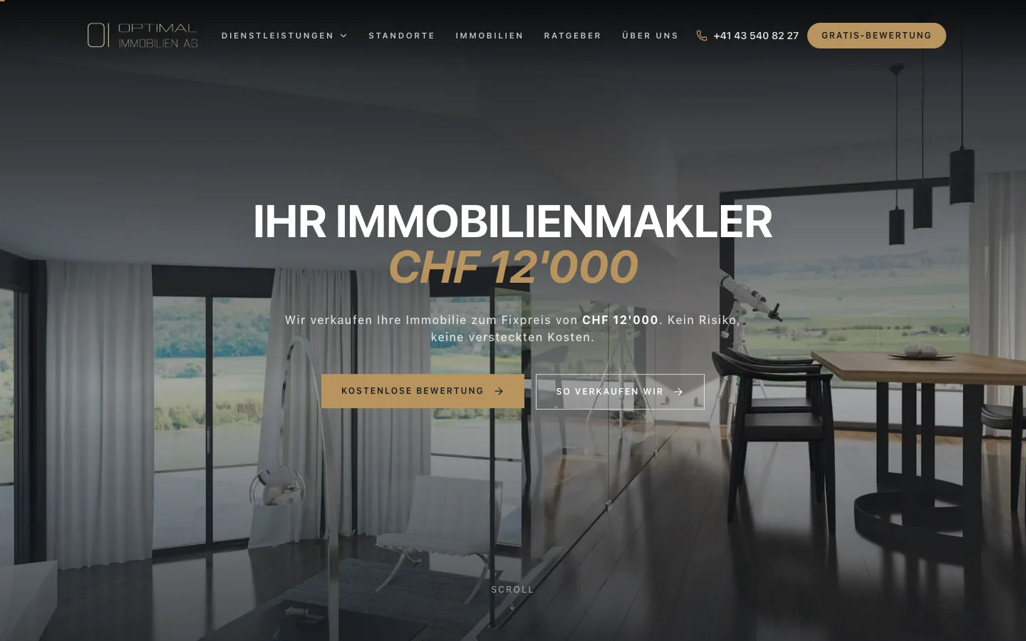 Zurich property brokerage homepage with the fixed-price selling proposition and a consultation call to action